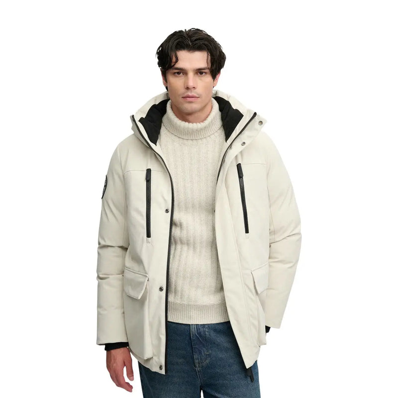 Superdry Parka City pour femme couleur crème avec tirettes de fermeture éclair et capuche noires (vue de face et de côté)