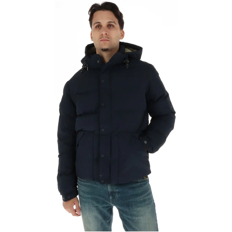 Superdry Doudoune homme bleu marine foncé à capuche et fermeture boutonnée sur le devant, vue de face