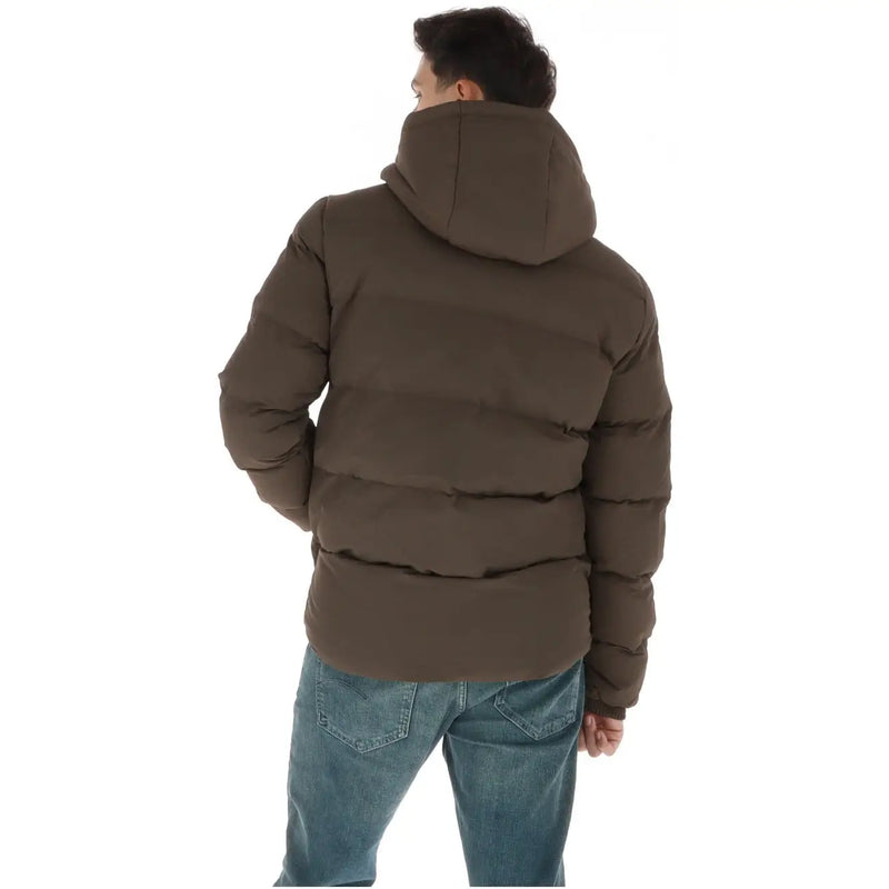 Superdry Doudoune marron pour homme avec capuche et surpiqûres horizontales, vue de face