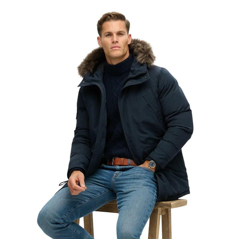 Superdry Doudoune Everest pour homme, bleu marine, à capuche doublée de fourrure, vue de face