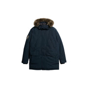 Superdry Doudoune Everest pour homme, bleu marine foncé, capuche doublée de fourrure marron et deux poches avant, vue de face