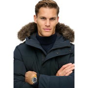 Superdry Doudoune Everest pour homme, bleu marine, capuche doublée de fourrure marron, vue de face