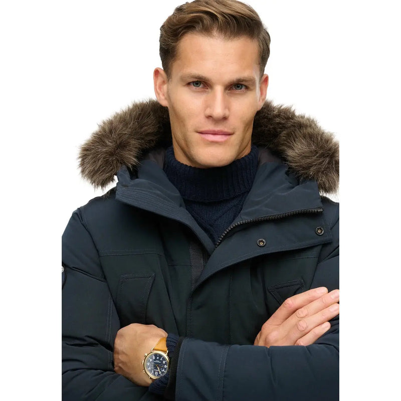 Superdry Doudoune Everest pour homme, bleu marine, capuche doublée de fourrure marron, vue de face