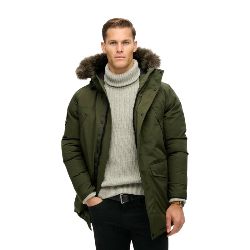 Superdry Doudoune Everest pour homme, vert olive, à capuche doublée de fourrure, vue de face