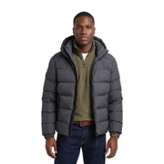 Superdry Doudoune homme en tissu matelassé gris foncé avec capuche et fermeture éclair sur le devant, vue de face