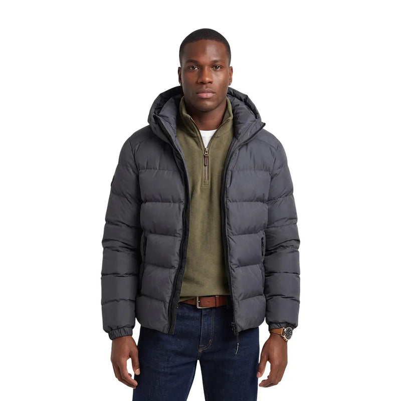 Superdry Doudoune homme en tissu matelassé gris foncé avec capuche et fermeture éclair sur le devant, vue de face