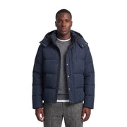 Superdry Doudoune Premium à capuche pour homme, bleu marine, matelassée et boutons argentés, vue de face