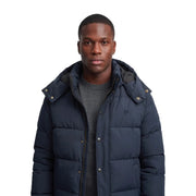 Superdry Doudoune premium à capuche pour homme, bleu marine, matelassée et à boutons argentés, vue de face