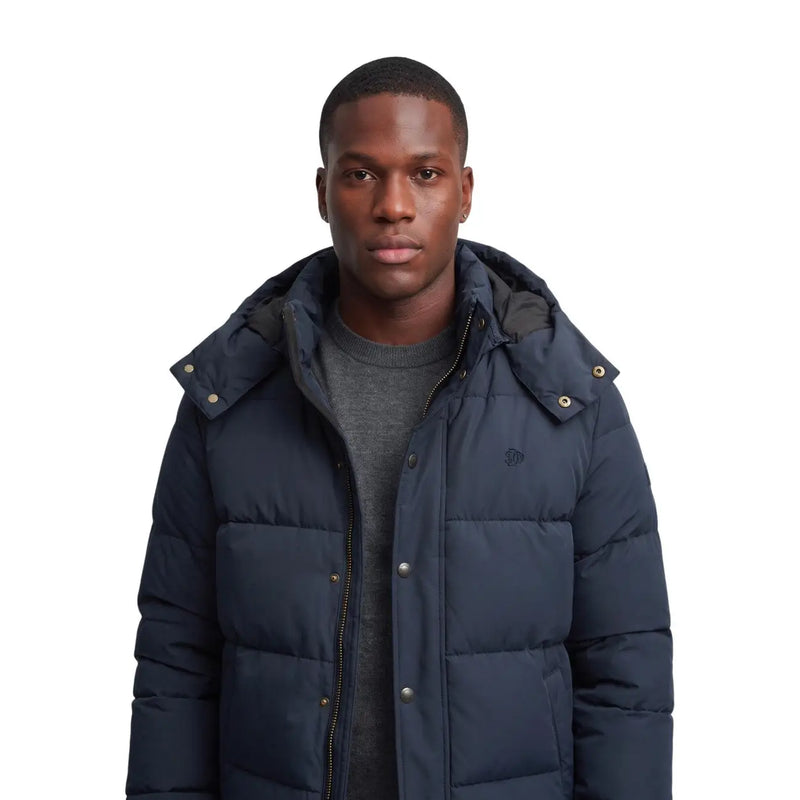 Superdry Doudoune premium à capuche pour homme, bleu marine, matelassée et à boutons argentés, vue de face