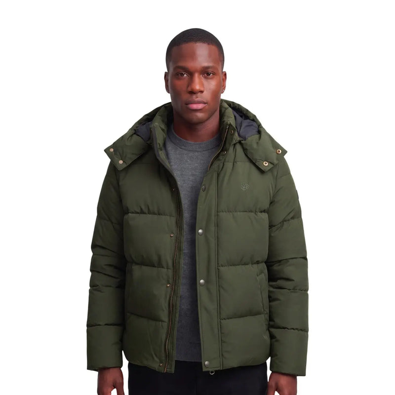 Superdry Doudoune premium à capuche pour homme en tissu matelassé vert olive avec finitions argentées, vue de face