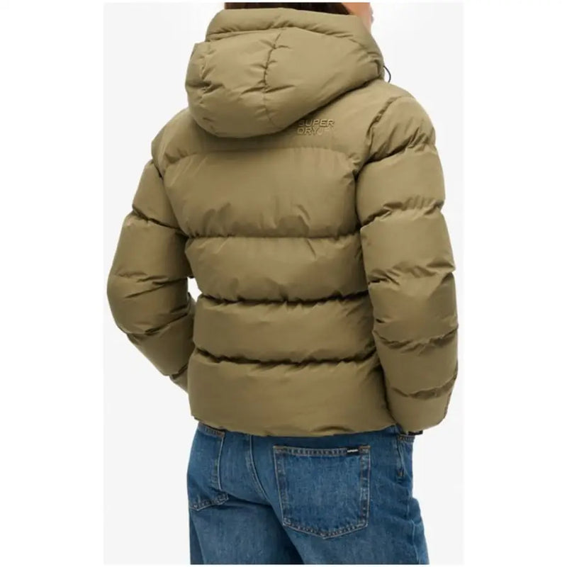 Superdry women green hooded polyester puffer jacket with quilted design and subtle logo on the back side