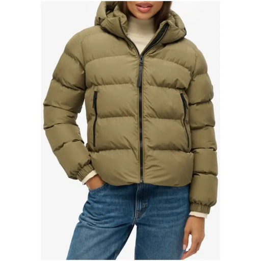 Superdry Doudoune à capuche vert olive pour femme avec fermetures éclair noires