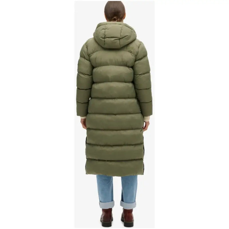 Superdry women green olive quilted down coat with hood and long length zip jacket for cold weather