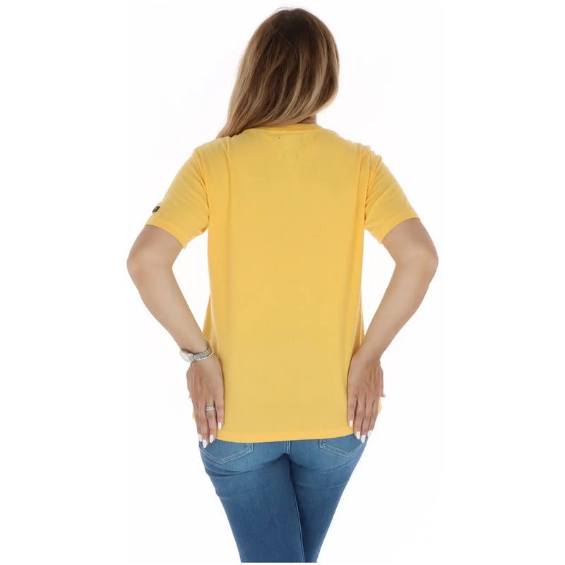 A vibrant yellow Superdry women short-sleeved crew neck t-shirt with subtle stitching from the fall winter collection