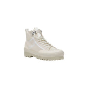 Superga women platform sneakers beige fabric with cream high-top design rugged sole and silver metal lace accents