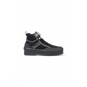 Black napa high-top superga women platform sneaker with gray accents and chunky rubber sole in black fabric