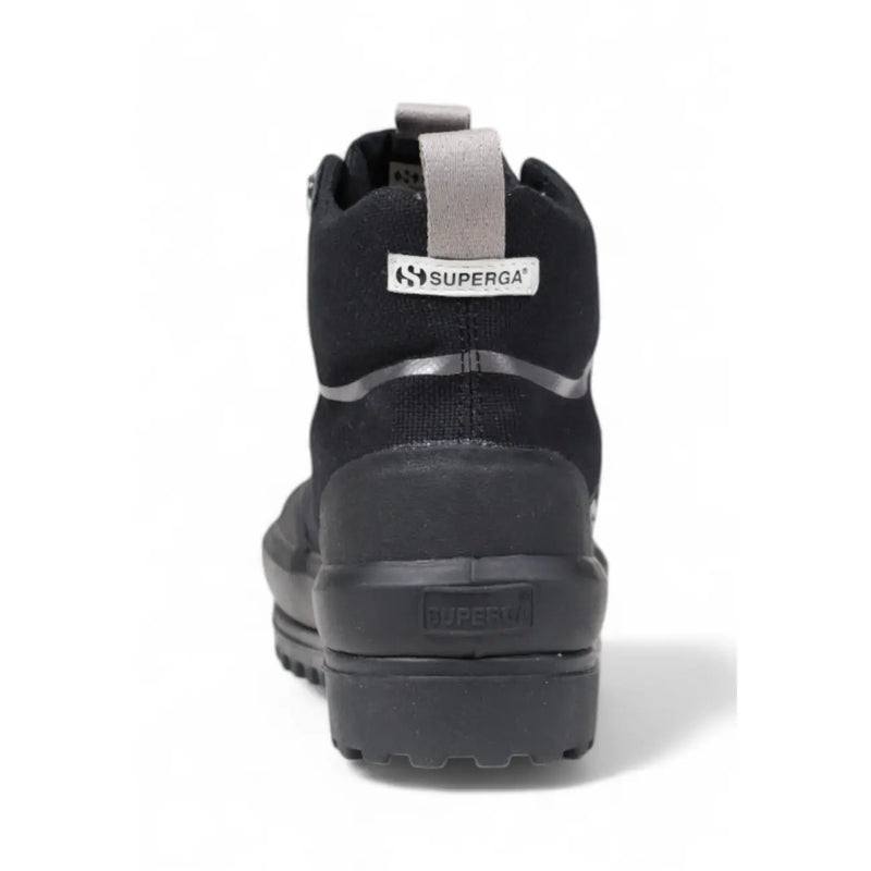 Black Superga women platform high-top sneaker with suede upper rubber sole and gray pull tab viewed from the back side