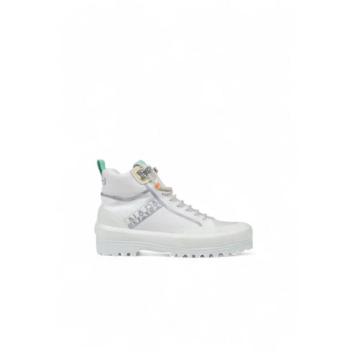 White Superga women platform high-top fabric sneaker with chunky sole silver branding and green heel tab accents back view