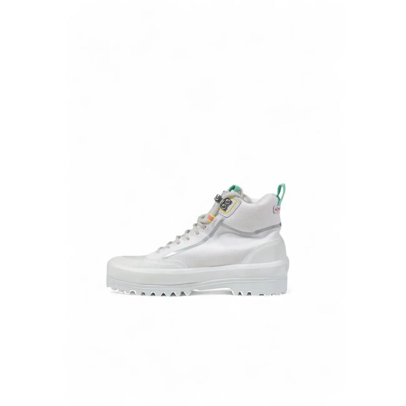 Superga women white platform fabric sneakers with chunky sole translucent side panels and mint green heel tab accents