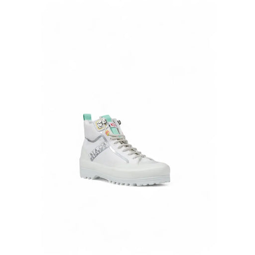 Superga women white platform fabric sneakers with white high-top design, mint green accents, and silver branding details
