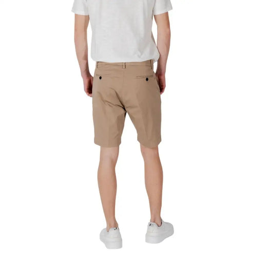 Tan chino shorts for men displayed on a product page