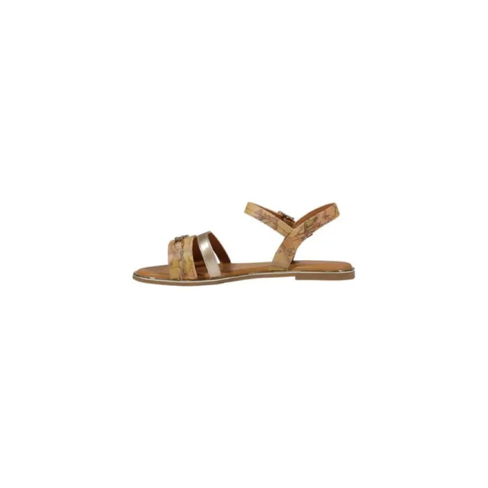 Tan and gold strappy sandal displayed in a brown and gold sandal product image