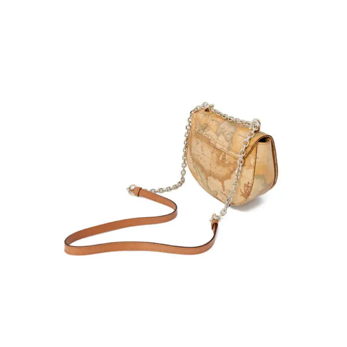 Tan leather shoulder bag with world map design and chain strap suitable for travel fashion