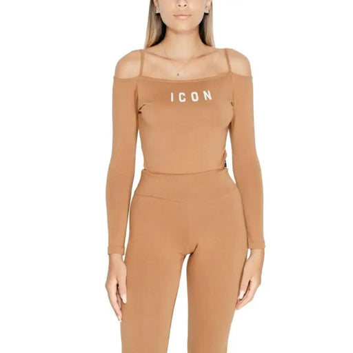 Tan off-shoulder bodysuit featuring ICON text across the chest for women