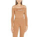 Tan off-shoulder bodysuit featuring ICON text across the chest for women