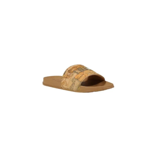 Beige slide sandals with map pattern for casual summer wear
