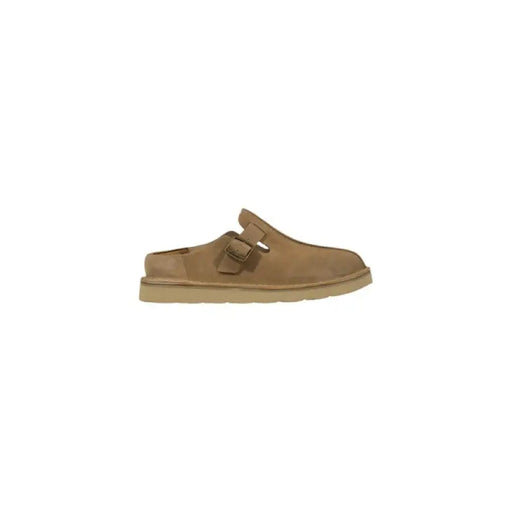Tan suede clog with buckle, stylish and comfortable footwear for casual wear