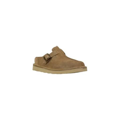 Tan suede clog with buckle featuring a classic and stylish design for versatile wear