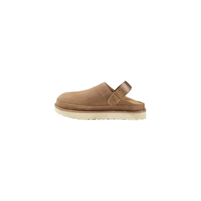 Leather tan UGG Tasman Clogs with back strap and suede finish