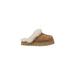 Tan UGG slipper with plush white fur trim for luxurious comfort and style