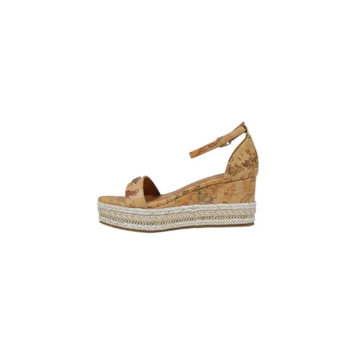 Tan wedge sandal with map print and ankle strap for stylish summer footwear