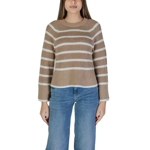 Tan and white striped sweater from Vila Clothes Women’s Knitwear collection