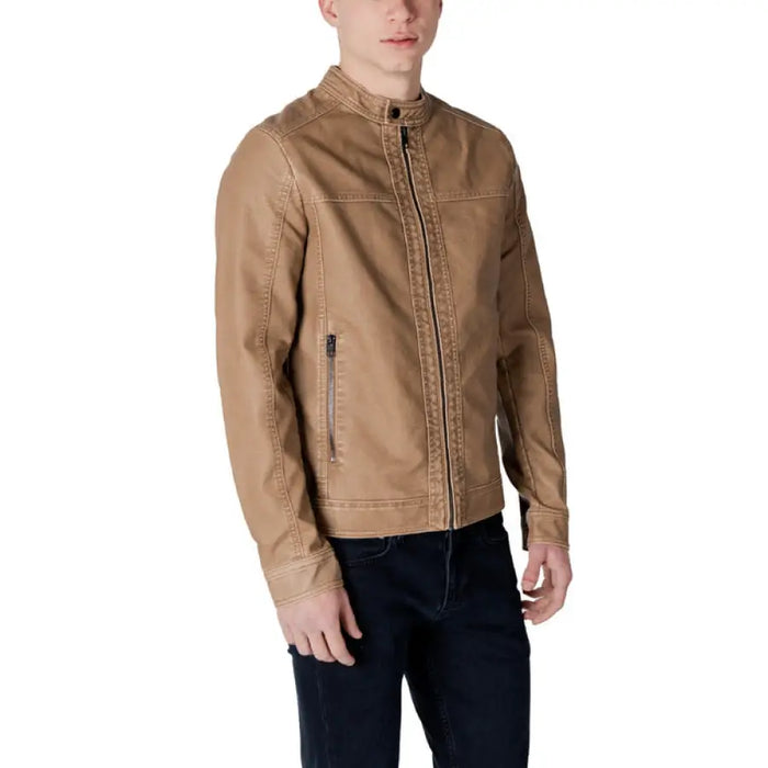 Tan zip-up jacket showcasing stylish faux leather design for modern fashion