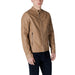 Tan zip-up jacket showcasing stylish faux leather design for modern fashion