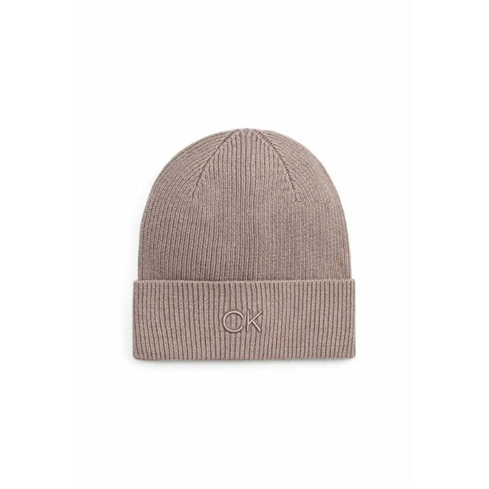 Taupe knit beanie displayed on a White Ribbed Knit Beanie product presentation