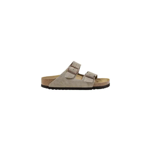 Taupe suede Birkenstock sandal displayed in a product shot highlighting comfort and style
