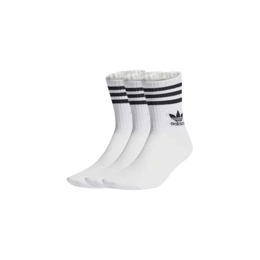White Adidas socks with black stripes displayed in a product image