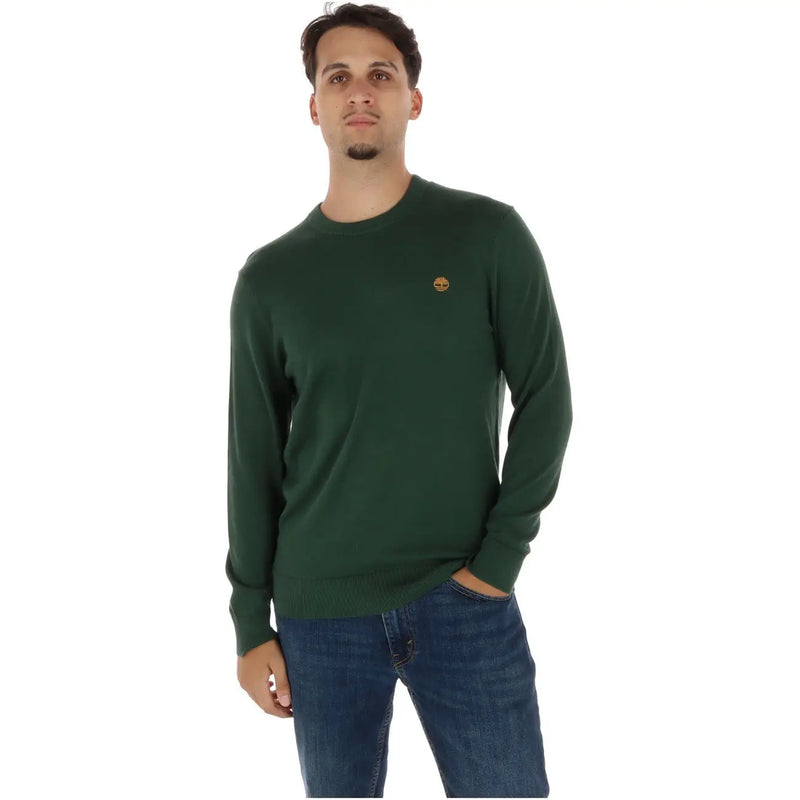Timberland Pull en coton vert foncé pour homme, avec petit logo brodé sur la poitrine gauche, vue de face
