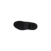 Black timberland men’s leather lace up boot sole with rugged tread pattern and visible brand logo