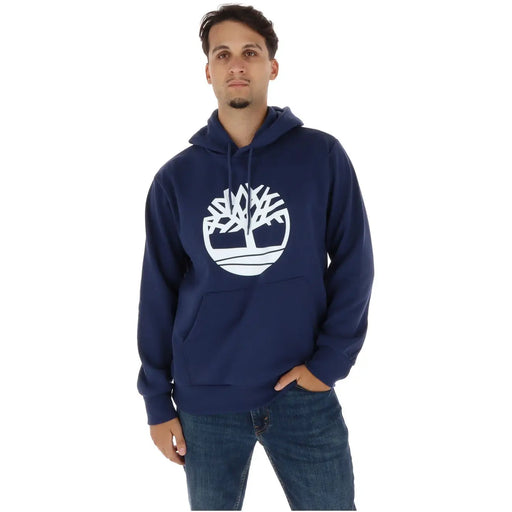 bleu marine Timberland Sweat à capuche en coton pour homme avec un logo d'arbre blanc sur la poitrine, idéal pour une tenue décontractée.