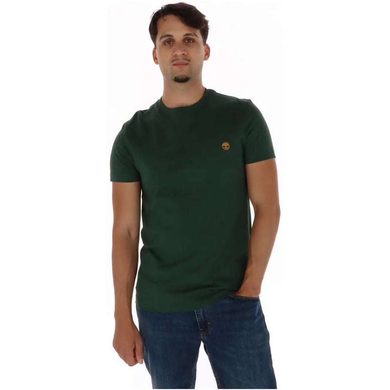 vert foncé Timberland T-shirt en coton à col rond et manches courtes, avec petit logo doré sur la poitrine gauche.