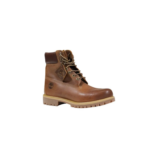 Timberland Bottines pour homme en cuir marron, lacets beiges de 15 cm de hauteur et semelle en caoutchouc résistant.