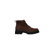 Timberland Bottes mi-hautes pour homme en cuir marron, lacets noirs et semelle épaisse en caoutchouc.
