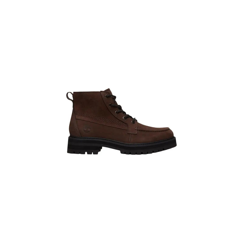 Timberland Bottes mi-hautes pour homme en cuir marron, lacets noirs et semelle épaisse en caoutchouc.