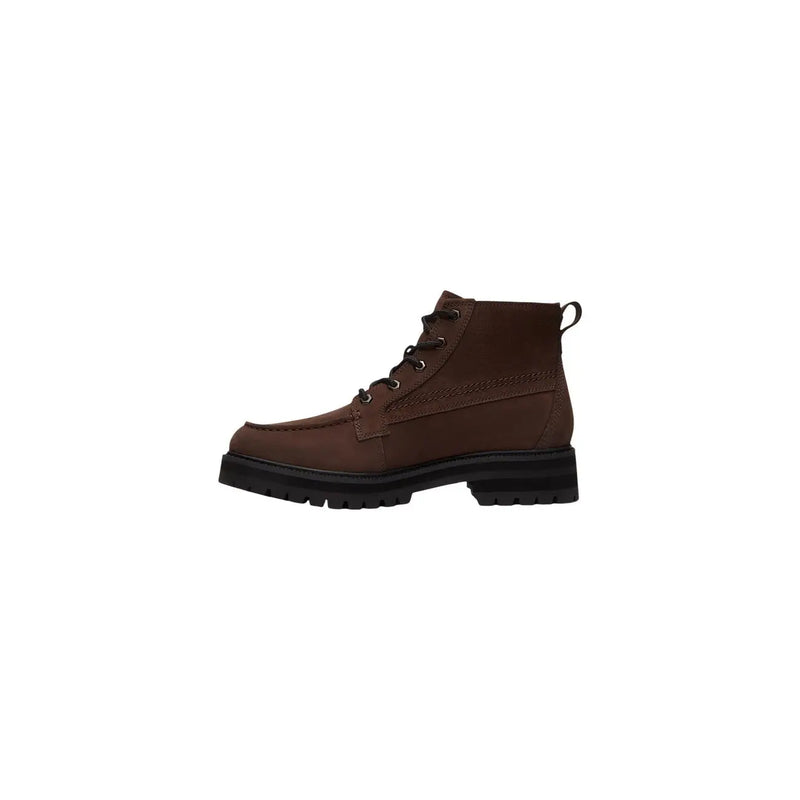 Timberland Bottes mi-hautes en cuir marron pour homme, lacets noirs et semelle épaisse en caoutchouc