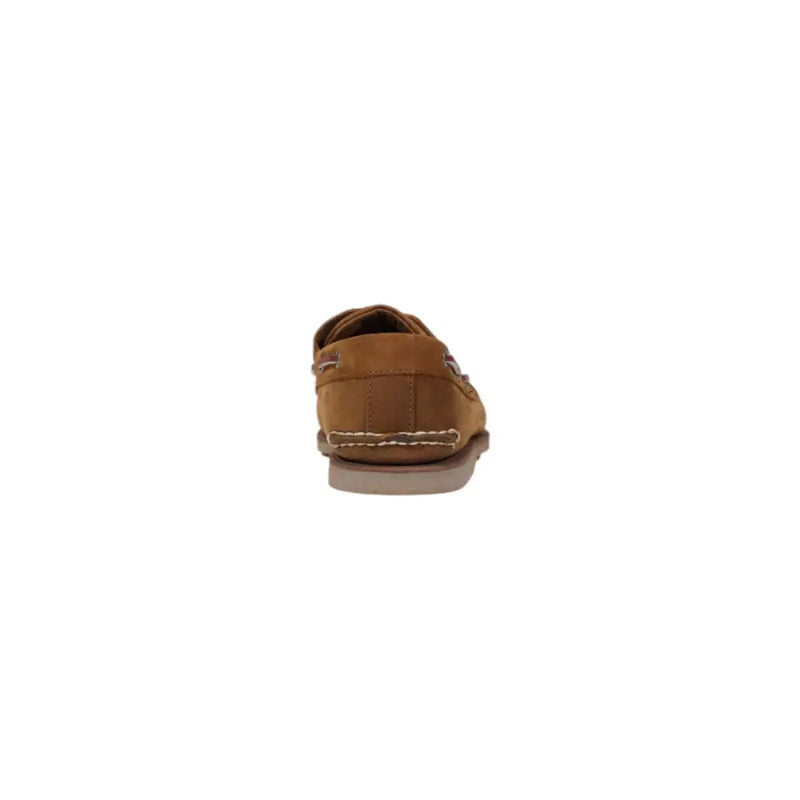 Timberland Mocassin bateau classique pour homme en cuir marron, en daim beige avec surpiqûres blanches et semelle en caoutchouc marron clair